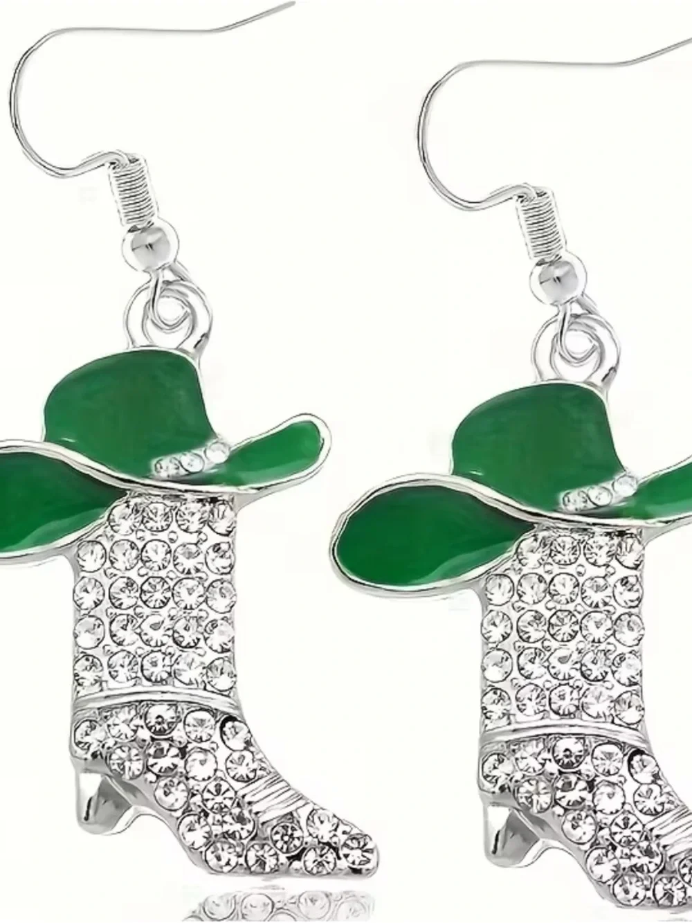 Silver Crystal Cowboy Boot Earrings with Green Hat Accent - Women Jewelry